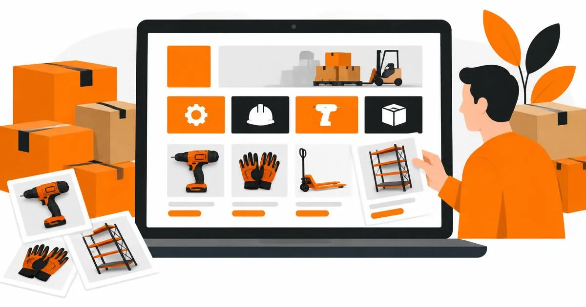 Alibaba.com'da mağaza sayfasının hazırlandığı ekran ve ürün görselleri illüstrasyonu