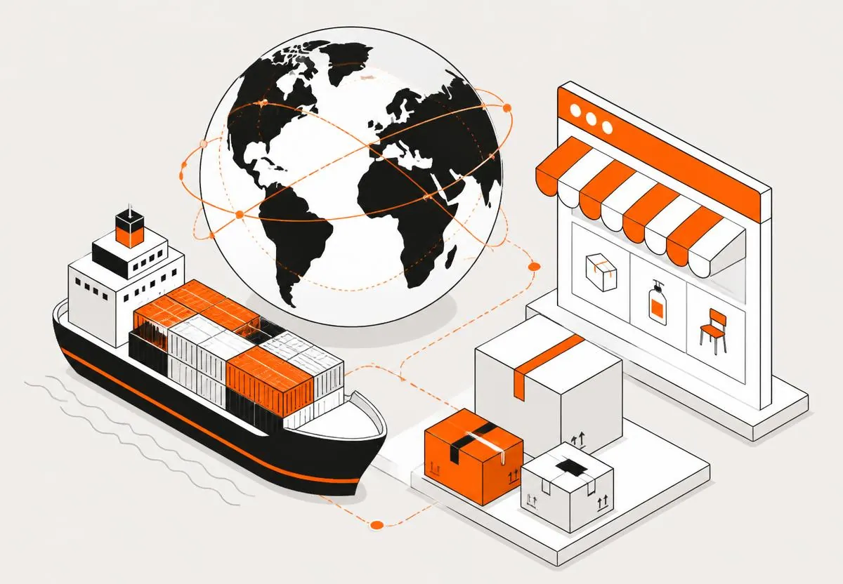 Alibaba.com üzerinden global B2B ihracat sürecini anlatan illüstrasyon: dünya, konteyner gemisi ve online mağaza vitrini