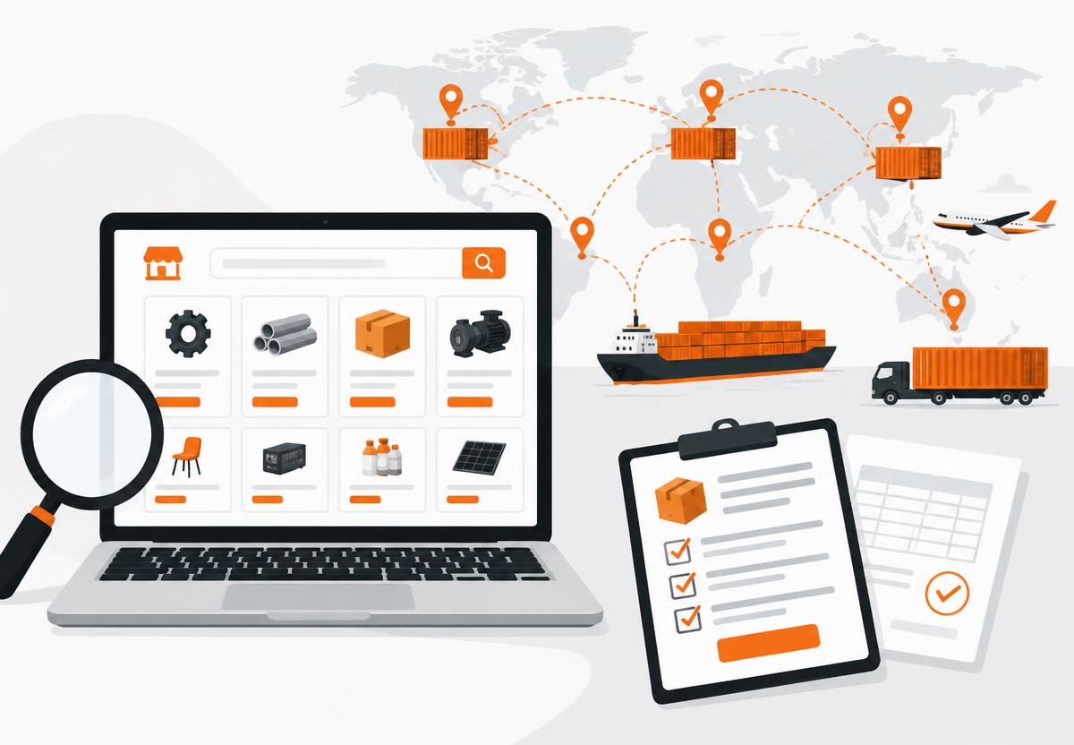 Alibaba.com'da B2B müşteri bulmayı anlatan illüstrasyon: ürün araması yapılan dizüstü bilgisayar, teklif talebi listesi ve dünya haritasında ihracat rotaları